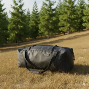 Close-up of a portable folding double camping chair neatly packed in its carrying bag.