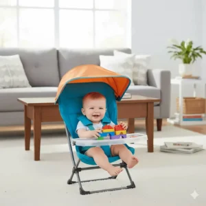 The versatile portable infant floor seat being used indoors in a living room as an alternative to a high chair.