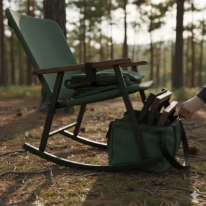 Close-up of the portable rocking camp chair's folding mechanism and carry bag.