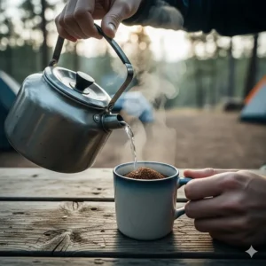 A person pouring hot water from a kettle into a mug containing instant coffee granules at a campsite.