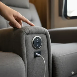 Illustration highlighting the power recline button and built-in USB charging port on the armrest of a modern camper loveseat recliner.