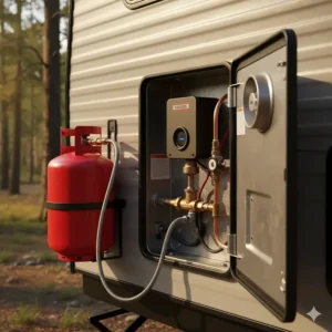 A propane-fueled camper water heater, a common choice for off-grid RV travel, showing the gas connection.