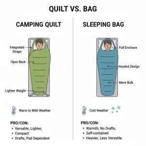 A visual comparison between a camping quilt and a traditional sleeping bag, explaining the pros and cons of each for different weather conditions.