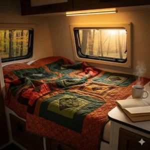 A comfortable quilted blanket draped over the bed in a camper, providing extra warmth.