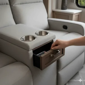 Detail shot of the console between the reclining seats on a camper loveseat, featuring built-in cup holders and a hidden storage compartment.