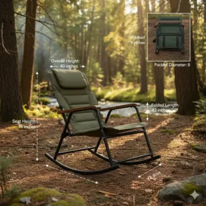 Diagram showing the full dimensions of the rocker camp chair for easy storage and transport.