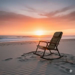 Rocking camp chair set up on a sandy beach at sunset, showing its versatility.