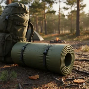A two-person camping mat is tightly rolled up and secured with straps, showing its compact and portable design for backpacking.
