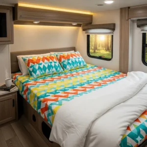 A a well-lit image of the interior of an RV bedroom, featuring a bed with a vibrant-colored set of RV queen sheets.