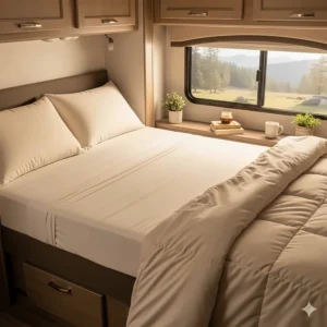 A comfortable RV bed made with our fitted short queen sheets, showing how perfectly they fit a camper mattress.