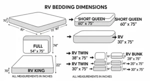 A diagram illustrating the unique dimensions of RV bedding sets, including specific measurements for short queen and full-sized mattresses, to help customers find the right size.