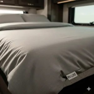 Close-up of a high-quality duvet cover for an RV or motorhome, showing its soft, durable fabric and custom fit.