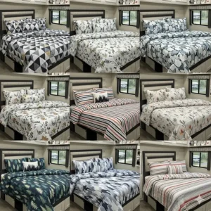 A variety of colorful and stylish bedding sets with different patterns, specifically for RVs.