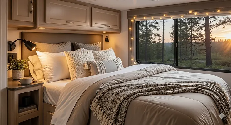 A cozy, modern RV bedroom with a stylish RV bedding set, including a plush comforter, matching shams, and decorative pillows in neutral colors, creating a comfortable and inviting space.