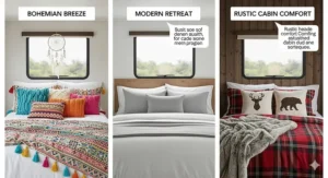 A visual infographic illustrating various RV bedding set styles, such as a colorful bohemian look, a sleek minimalist design, and a rustic cabin theme, to inspire different interior aesthetics.