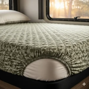Detailed view of an RV bedspread with fitted corners, designed to stay put during travel.
