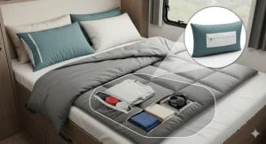 A conceptual illustration of an RV bedding set that includes clever built-in storage solutions like zippered pillowcases and under-comforter pockets, maximizing space in a camper.