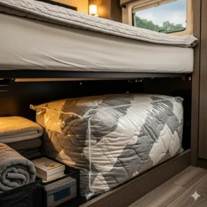 Storage solutions for an RV bedspread, like a space-saving vacuum-sealed bag.