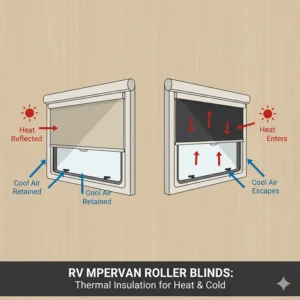 A diagram illustrating how thermal-backed roller blinds for RVs and campers can help insulate against heat and cold.