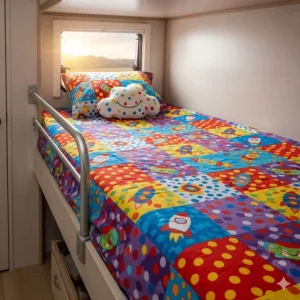 A colorful bedspread on an RV bunk bed, ideal for children and small spaces.