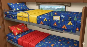 An illustration of a fun and durable bunk bed bedding set specifically designed for the tight spaces of an RV, featuring easy-to-clean fabrics and playful patterns.