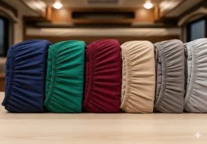 A horizontal lineup of different colored RV bunk fitted sheets, showcasing the available color options to match any RV interior decor.