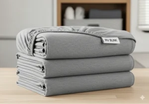 A neat stack of RV bunk fitted sheets, demonstrating the compact size when folded for easy storage in a small space.