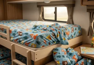 A playful, patterned RV bunk fitted sheet on a child's bunk bed, showing how a fun design can make the RV feel more like home.
