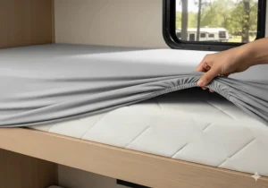 An RV bunk fitted sheet being smoothly pulled over a bunk mattress, showing how it stretches to provide a snug, wrinkle-free fit.
