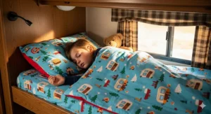 A child comfortably sleeping in an RV bunk bed with a bright and fun patterned set of camper bunk sheets.