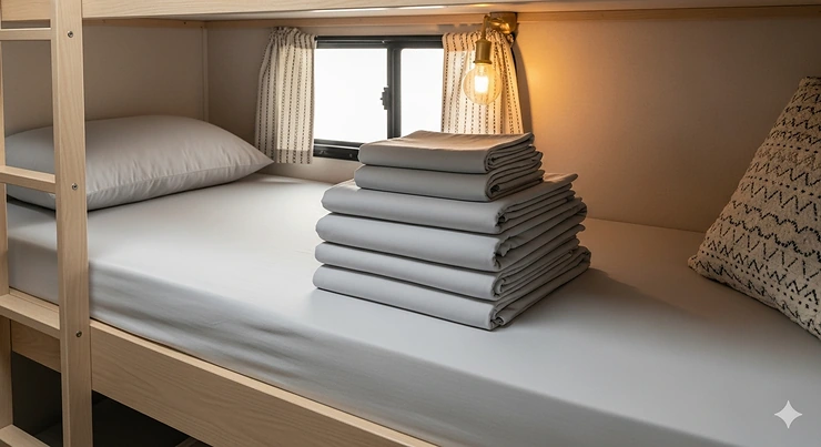A set of soft and durable rv camper bunk sheets neatly folded and displayed on a mattress in a cozy camper bunk bed.