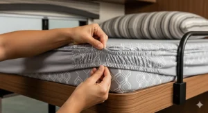Close-up shot of a person easily installing a fitted sheet onto an RV bunk mattress, demonstrating the elasticized corners.