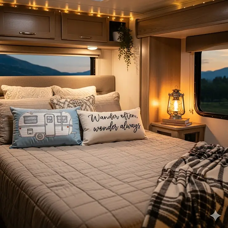 A cozy RV interior with a couple of decorative RV pillows on a bed, showcasing comfort and style for road travel. rv camper pillows