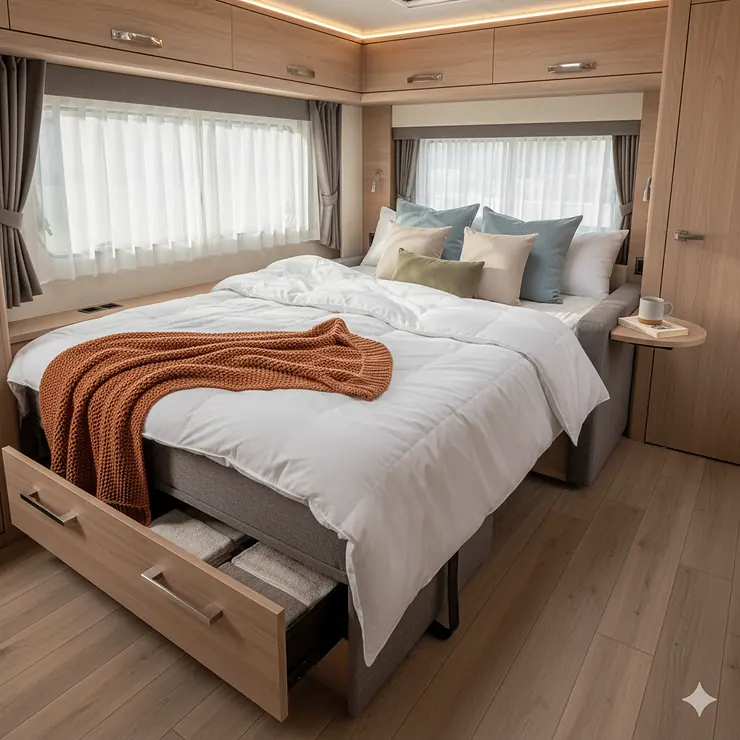 RV camper sofa bed in a modern motorhome interior, shown fully converted into a comfortable sleeping area.