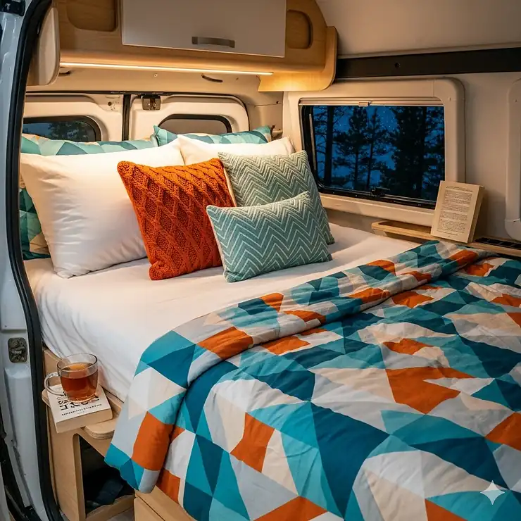 A cozy RV bed with patterned comforter and plush pillows, ready for a restful night of RV camping. rv camping bedding