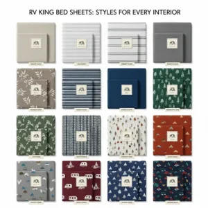 A visual display of a range of colors and patterns available for RV king bed sheets, offering options for different RV interiors.