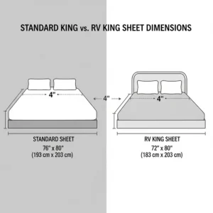 An infographic comparing the dimensions of a standard king-size sheet to an RV king sheet, highlighting the size difference.