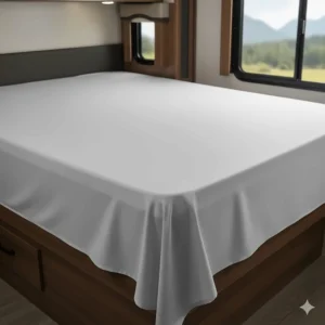 An image of a wrinkle-free RV king flat sheet, showing how the fabric drapes smoothly without creases, ideal for travel.