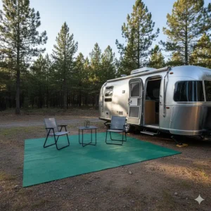 A plain, solid-colored RV camping outdoor mat spread out on the ground, showcasing a minimalist design that complements any RV setup.
