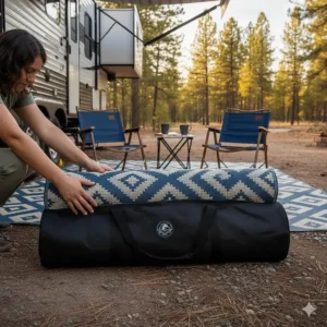 An RV outdoor mat rolled up and placed inside its included zippered carrying bag, demonstrating its easy portability and compact storage.