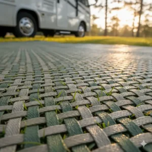 Close-up shot of a breathable RV patio mat made from recycled plastic bottles, showing its woven texture that allows grass to breathe.