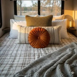 A cozy RV bed with a few different pillows, highlighting how the right pillows can make a small sleeping space feel more comfortable.