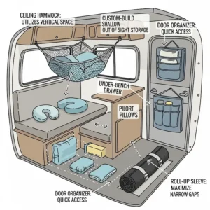 A creative diagram showing how to store compact RV pillows efficiently in a small camper or trailer.