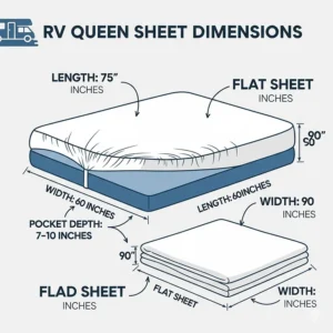 An infographic illustrating the specific dimensions of a standard RV queen sheet set, including length, width, and pocket depth.