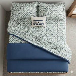 A top-down view of a neatly made bed with a patterned set of RV queen sheets, highlighting the overall aesthetic.