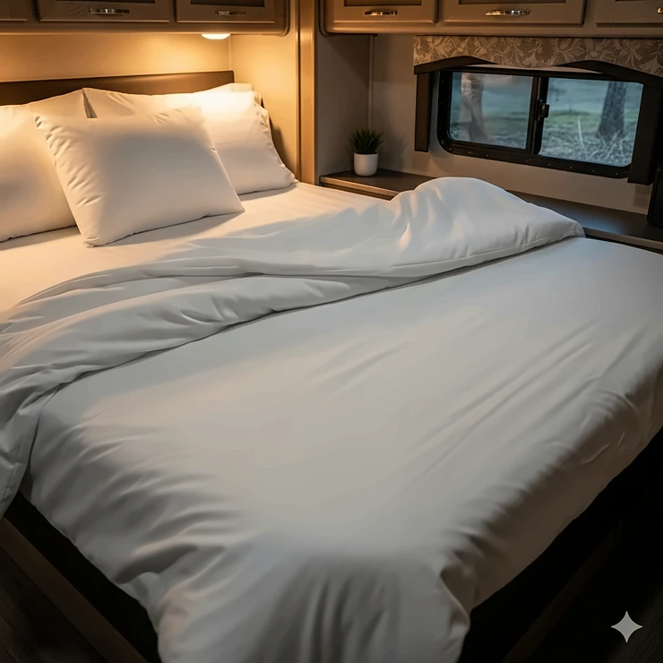 A cozy, neatly made bed with white RV queen sheets, invitingly folded at the top, showing the soft, high-quality fabric.
