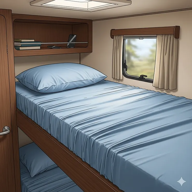 A set of fitted rv sheets on a narrow bunk bed inside a recreational vehicle, designed for a snug fit.