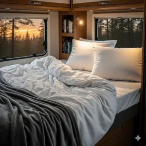 A cozy RV bed with freshly made, soft, and comfortable rv sheets, perfect for a good night's sleep on the road.
