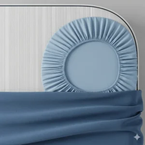 Close-up of elasticized rv sheets securely fitted on a rounded or cut-corner mattress, common in many RVs.