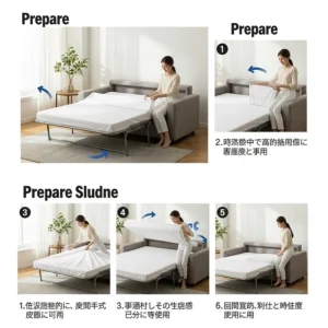 An image showing the process of putting special rv sheets on a fold-out sofa bed to maximize space and comfort.